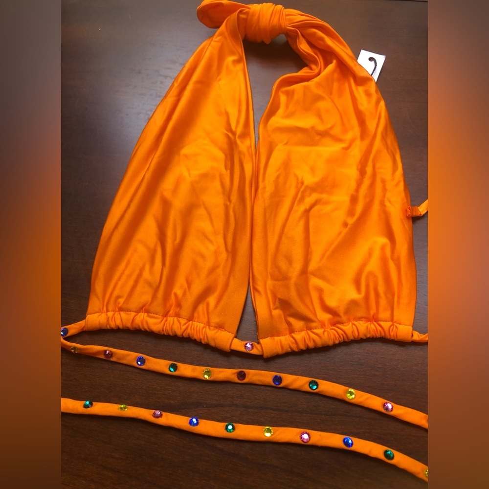 NWT Monica Hansen Stardust Halter Top in Orange with Rainbow Gems - Size S